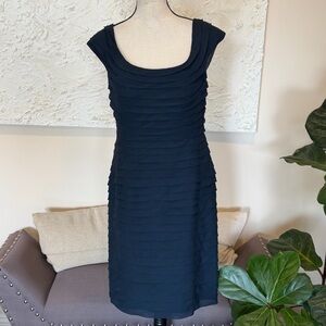 TADASHI Petite Collection Layered Tiered Sheath Silk Dress Navy Blue Sz 12P